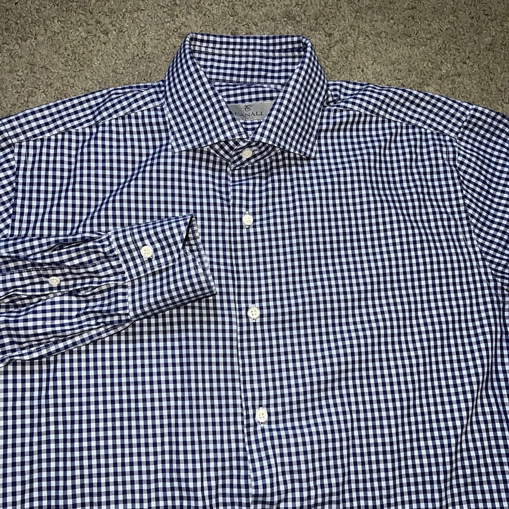 Canali Dress Shirt Mens 41 16 Blue White Plaid Button Up Business Career